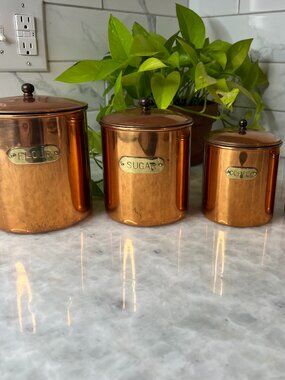 Vintage Rare  Revere Ware Copper & Brass Canister Set 4pc Flour Sugar Tea Coffee
